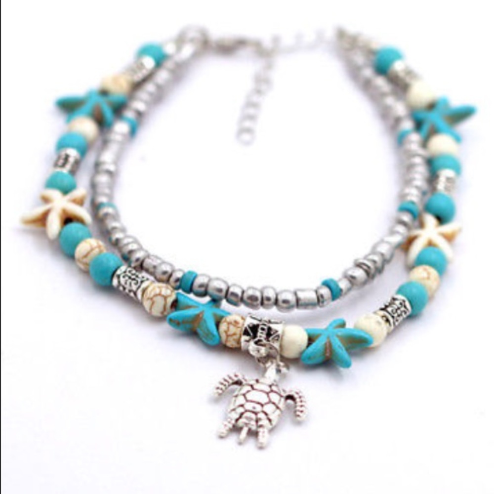 🏖 SILVER SEA TURTLE STARFISH BEAD ANKLET BRACELET - Picture 6 of 6